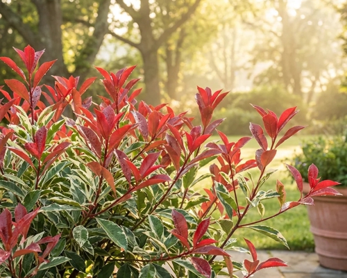 PHOTINIA × FRASERI CASSINI 'Pink Marble' – ružovo panašované listy