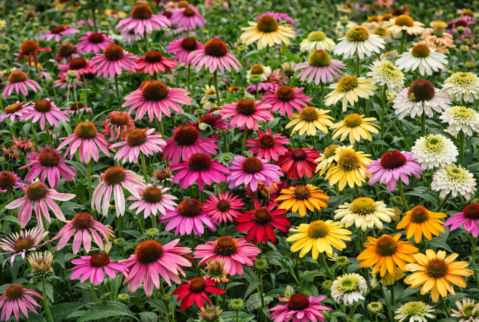 Rôzne kultivary echinaceí v plnom kvete – široká ponuka farieb v Blackford Plants