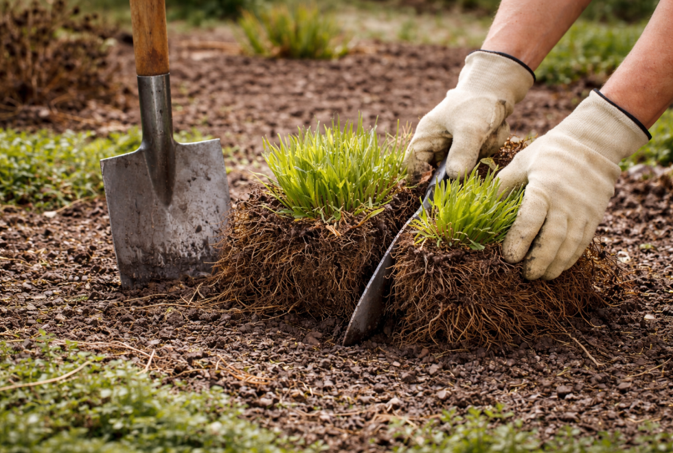 Jarné delenie trvaliek rýľom – rozrezanie trsu a kontrola koreňov