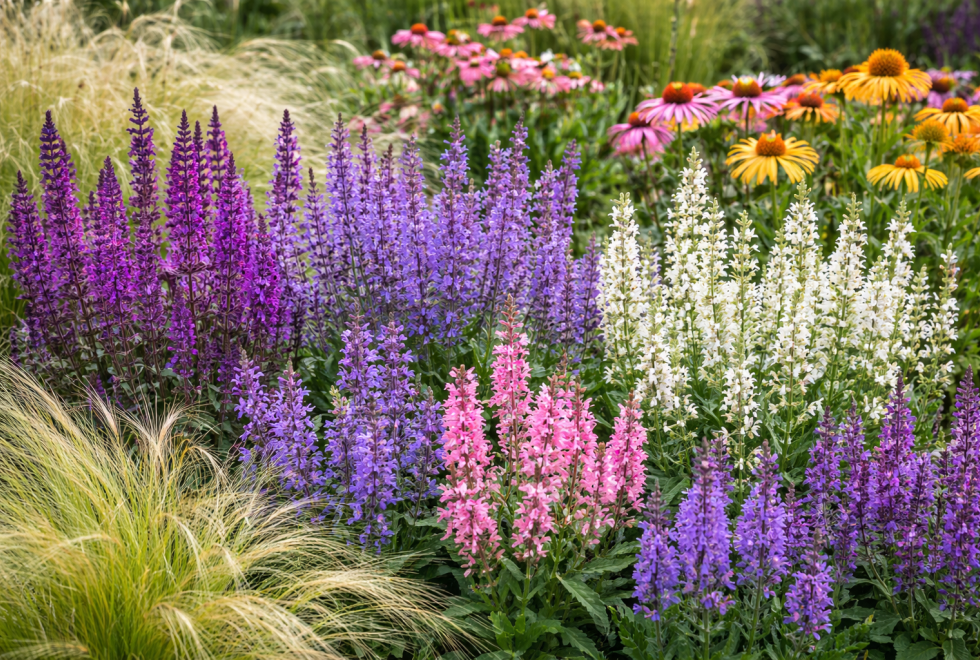 Šalvia hájna v kombinácii so stipou a echinaceou v modernom trvalkovom záhone